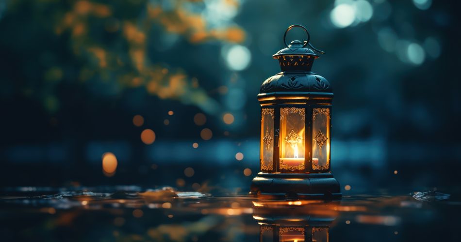 Vintage lantern illuminates, its light dancing across the reflec